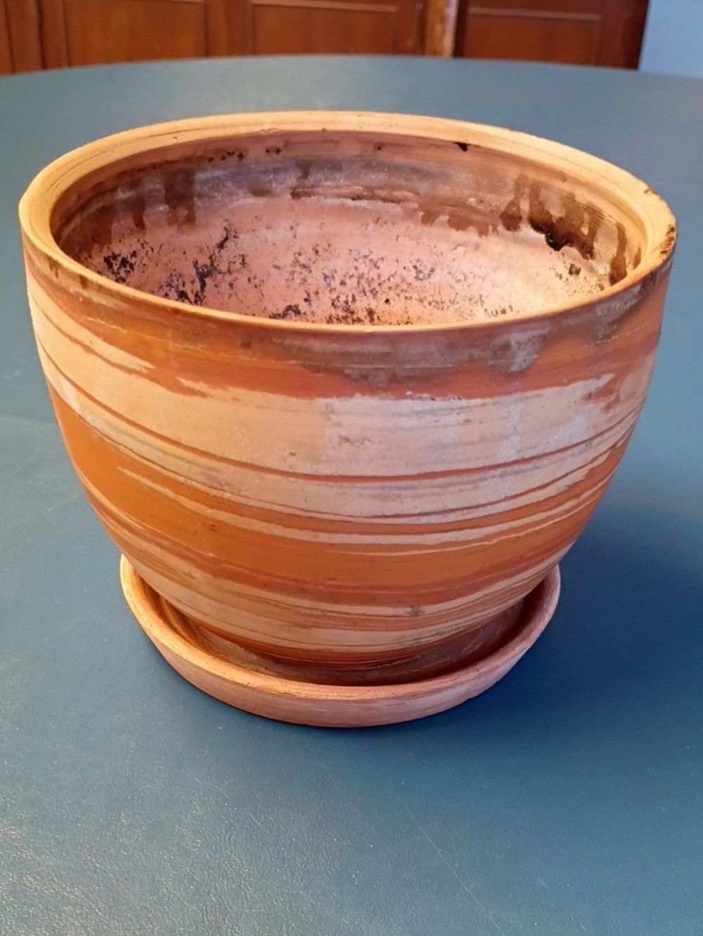 Handcrafted Terracotta Striped Planter - Natural Brown and Cream